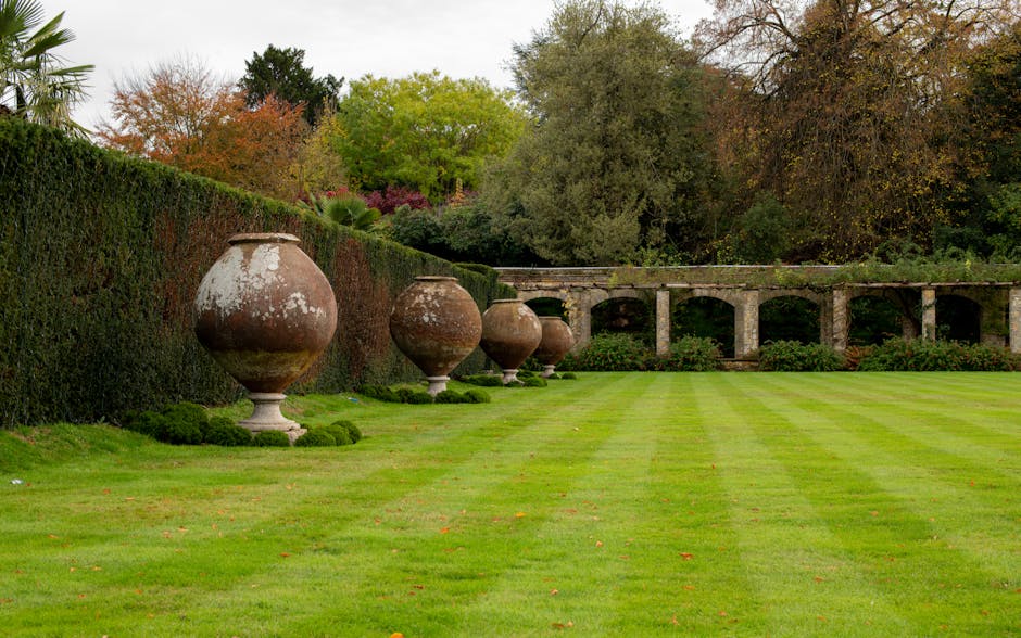 A well-maintained garden lawn with evenly cut, lush green grass featuring visible mower stripes, bordered by a tall, neatly trimmed hedge on the left side. Alongside the hedge, there are five large, w